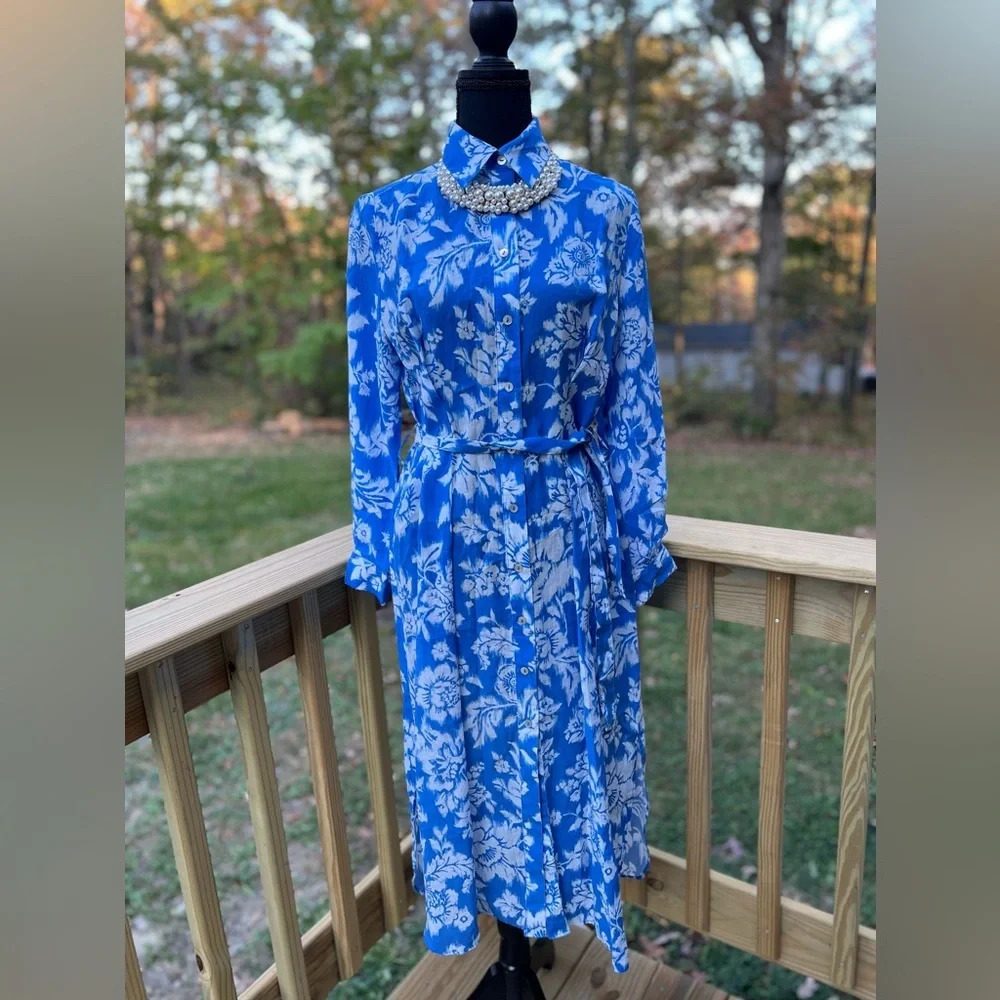 Zara maxi casual dress size S blue & white lyocell‎ lightweight